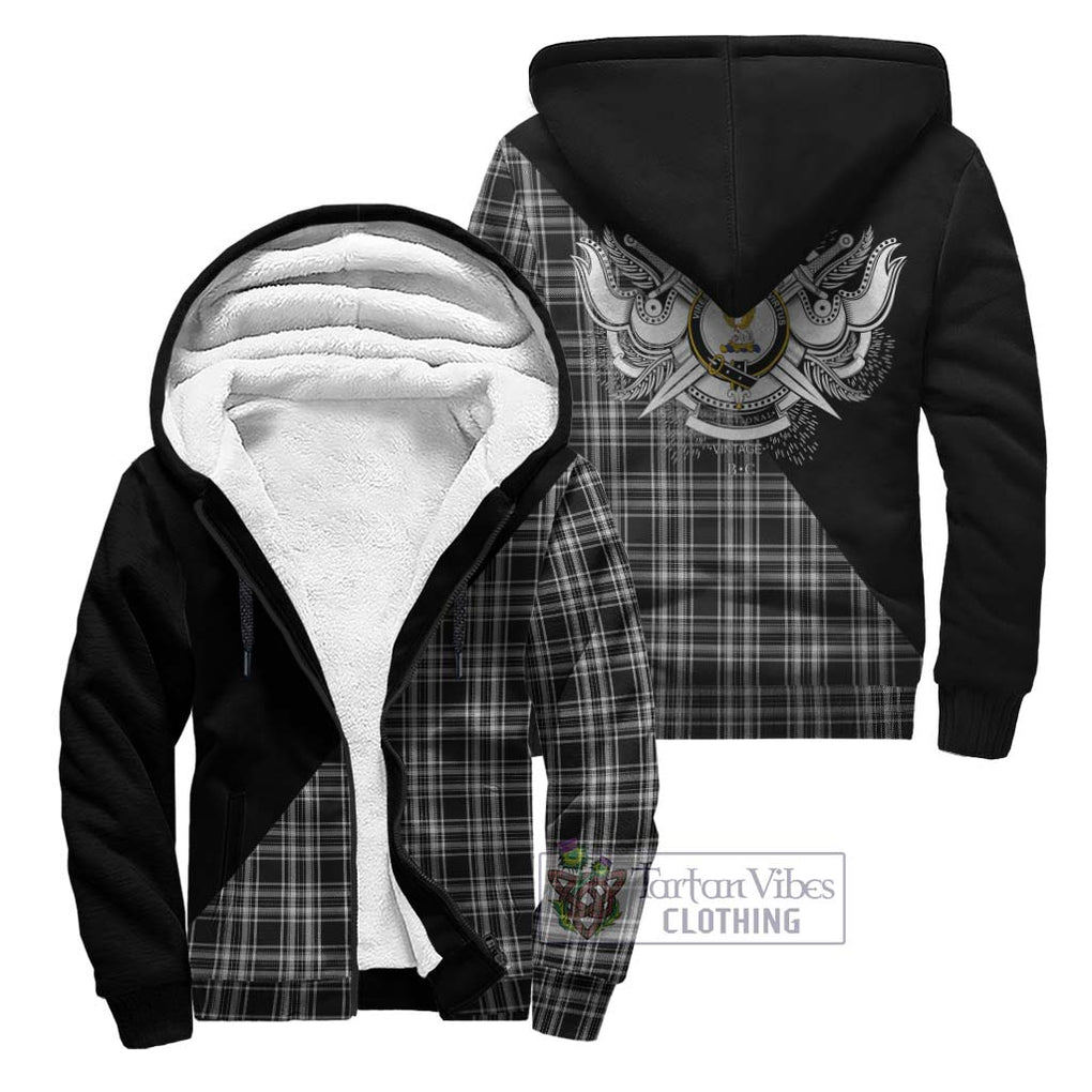 Stewart Black and White Tartan Sherpa Hoodie with Family Crest and Military Logo Style Unisex - Tartanvibesclothing Shop