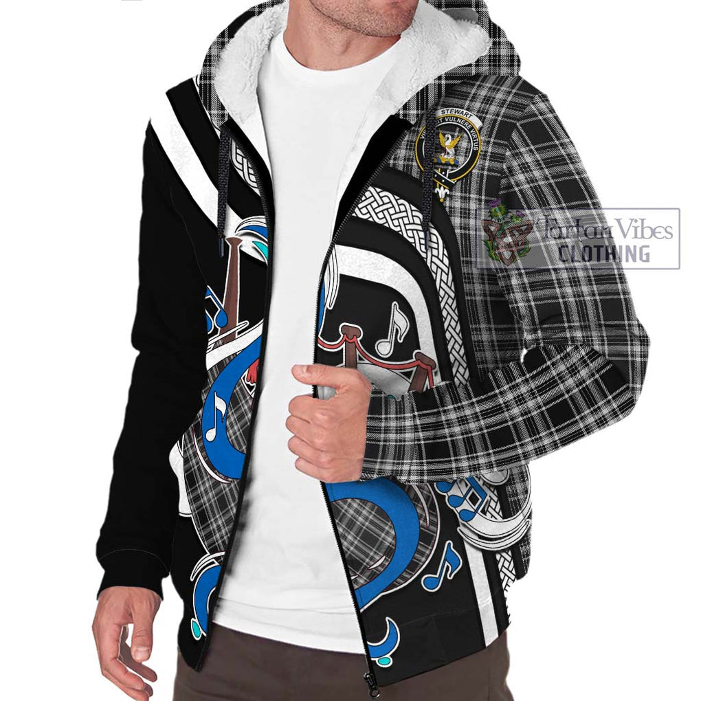 Stewart Black and White Tartan Sherpa Hoodie with Epic Bagpipe Style Unisex - Tartanvibesclothing Shop