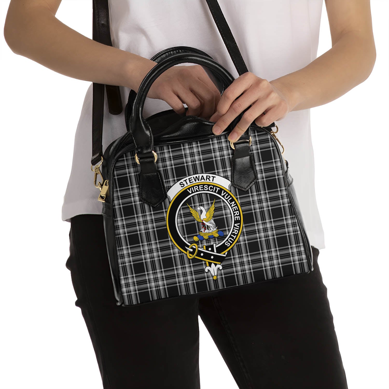 Stewart Black and White Tartan Shoulder Handbags with Family Crest - Tartanvibesclothing