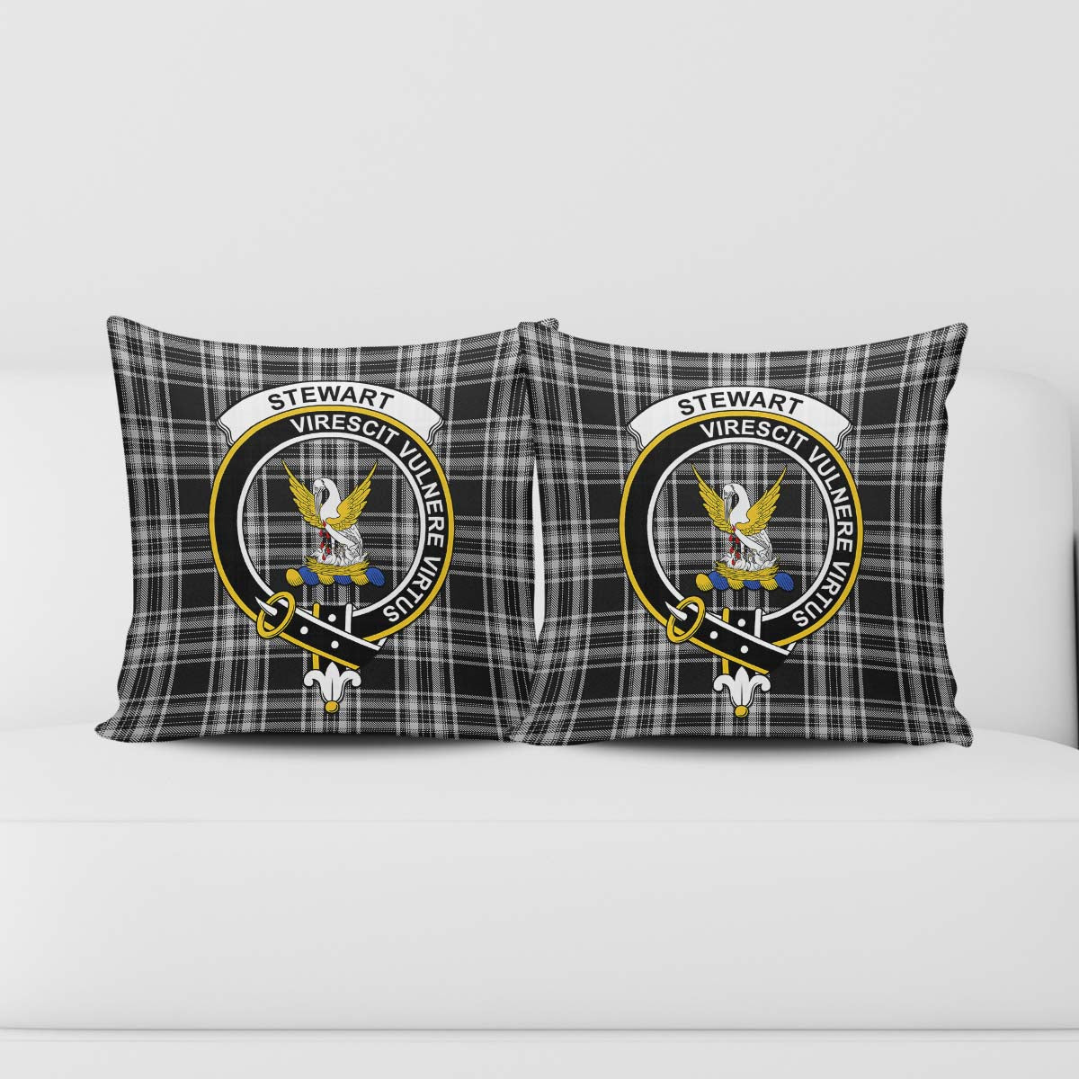 Stewart Black and White Tartan Pillow Cover with Family Crest - Tartanvibesclothing