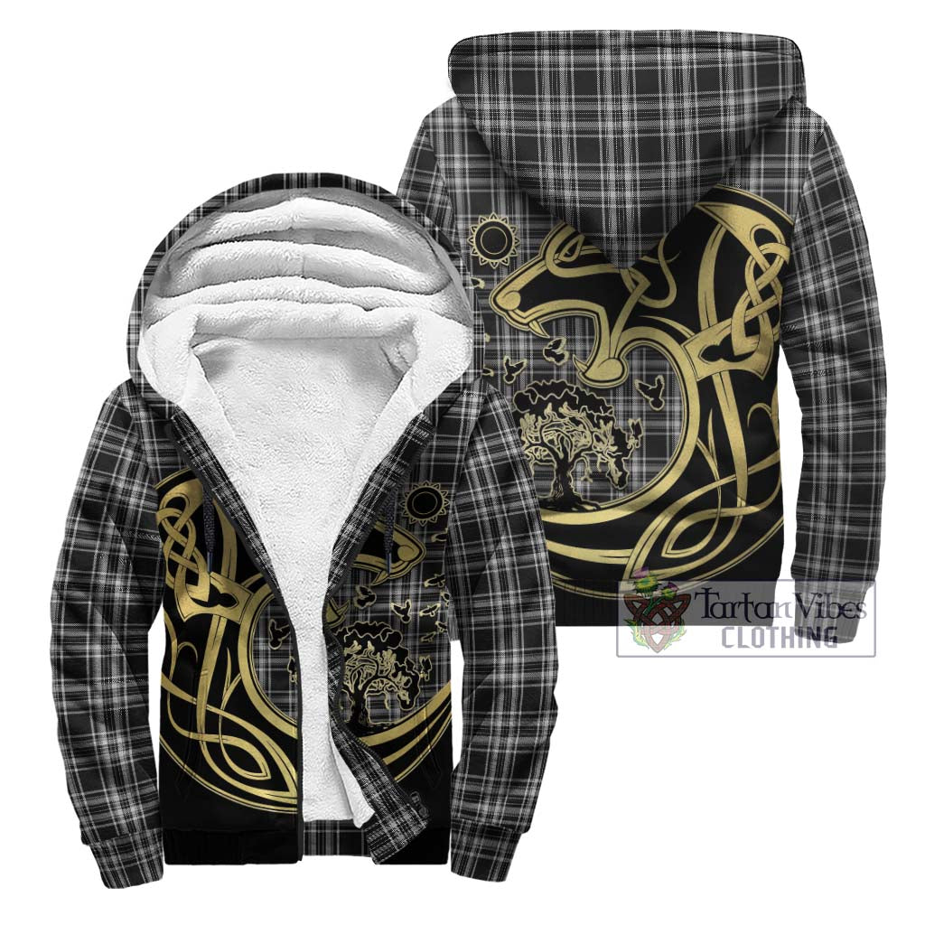 Stewart Black and White Tartan Sherpa Hoodie with Family Crest Celtic Wolf Style Unisex - Tartan Vibes Clothing