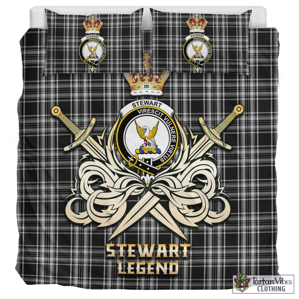 Tartan Vibes Clothing Stewart Black and White Tartan Bedding Set with Clan Crest and the Golden Sword of Courageous Legacy