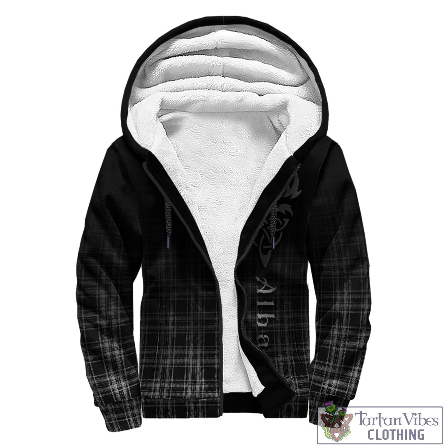 Tartan Vibes Clothing Stewart Black and White Tartan Sherpa Hoodie Featuring Alba Gu Brath Family Crest Celtic Inspired