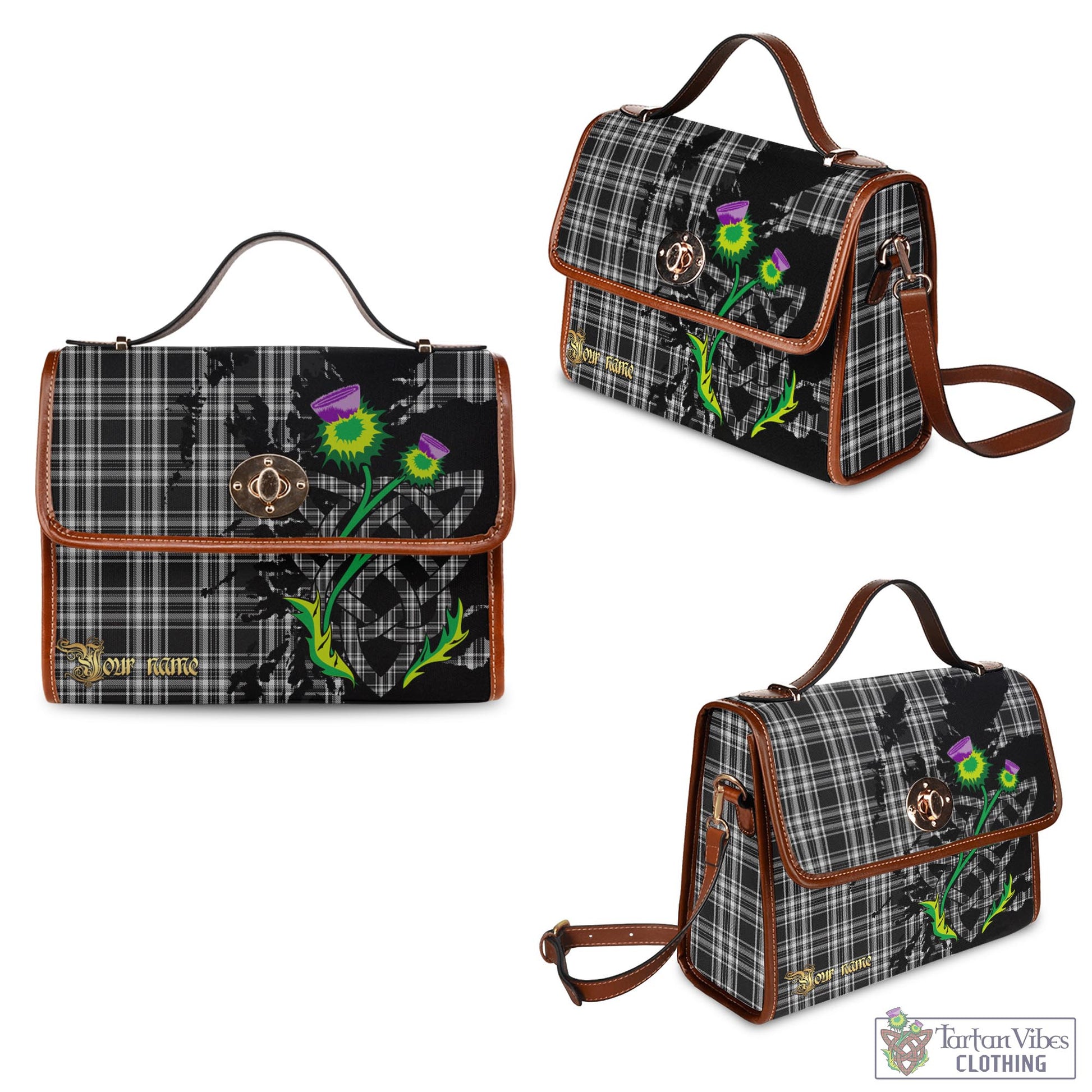 Tartan Vibes Clothing Stewart Black and White Tartan Waterproof Canvas Bag with Scotland Map and Thistle Celtic Accents