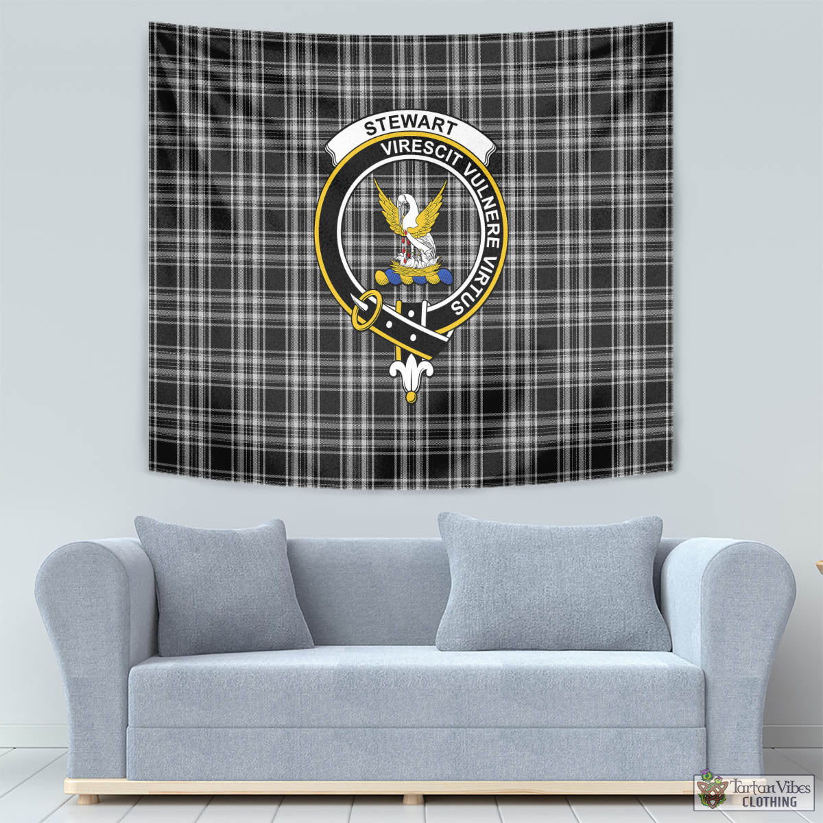 Tartan Vibes Clothing Stewart Black and White Tartan Tapestry Wall Hanging and Home Decor for Room with Family Crest