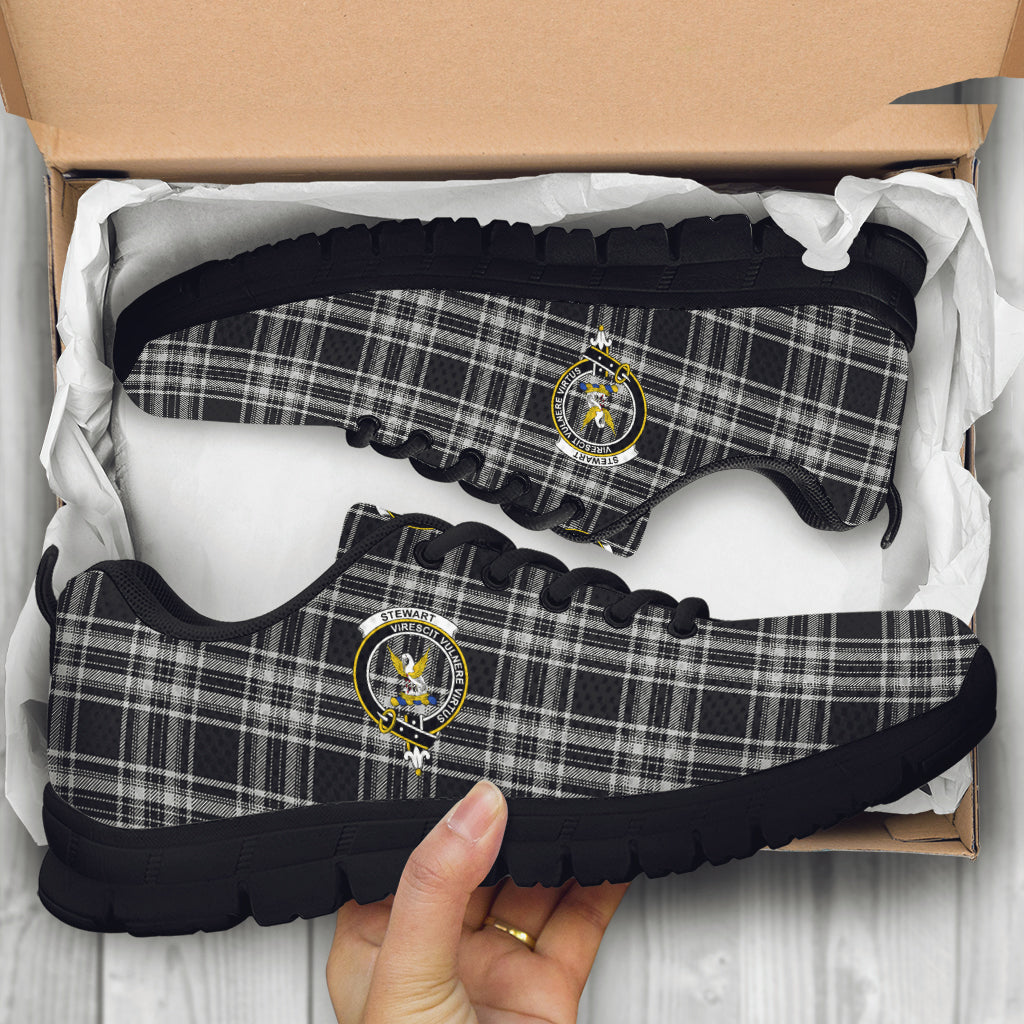 Stewart Black and White Tartan Sneakers with Family Crest - Tartan Vibes Clothing