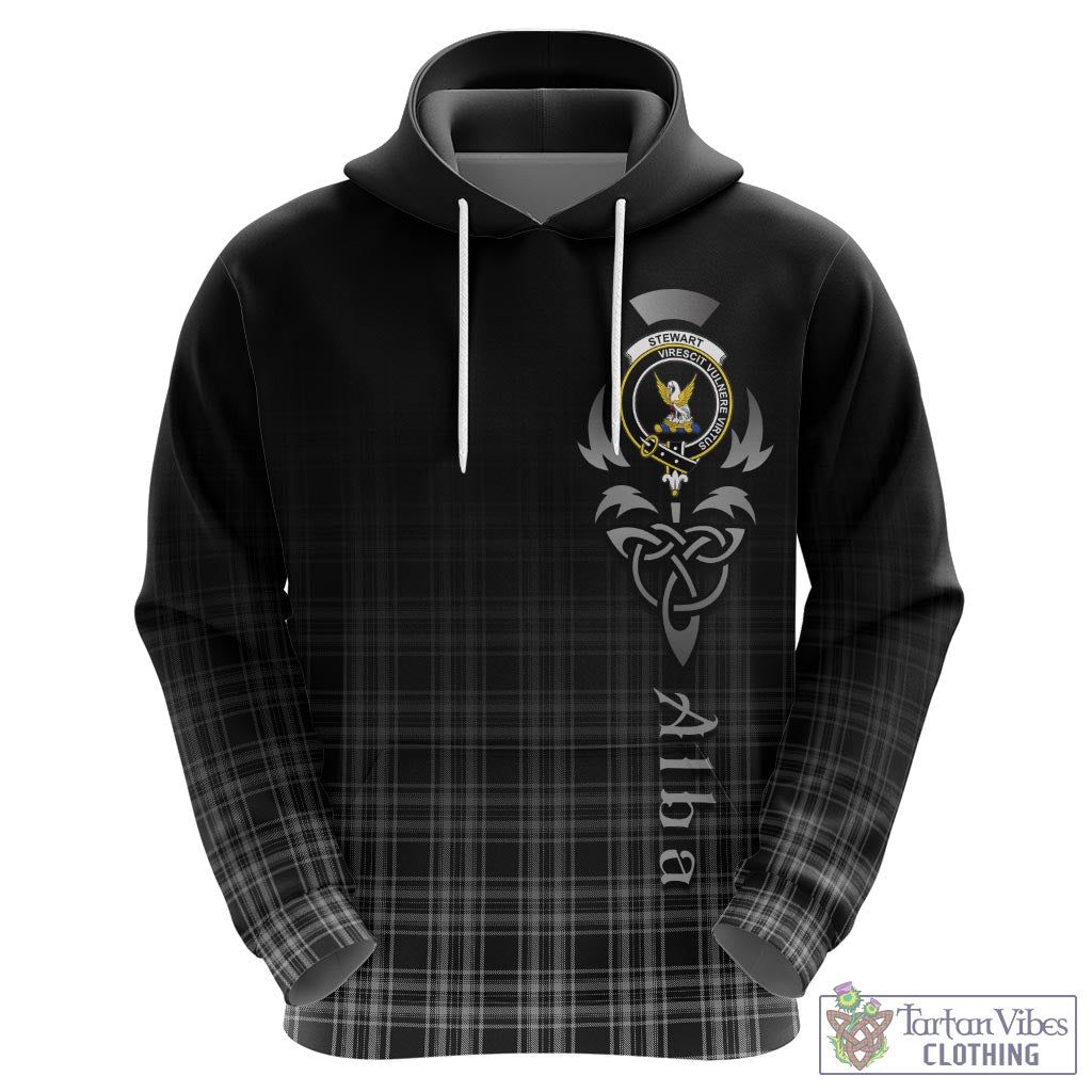 Tartan Vibes Clothing Stewart Black and White Tartan Hoodie Featuring Alba Gu Brath Family Crest Celtic Inspired