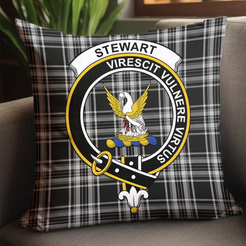 Stewart Black and White Tartan Pillow Cover with Family Crest - Tartanvibesclothing