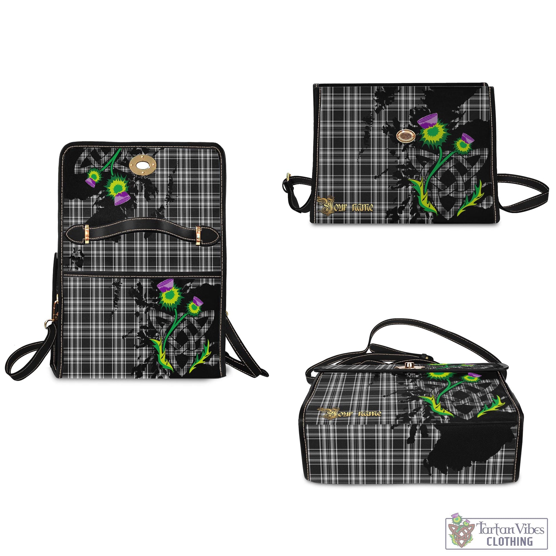 Tartan Vibes Clothing Stewart Black and White Tartan Waterproof Canvas Bag with Scotland Map and Thistle Celtic Accents