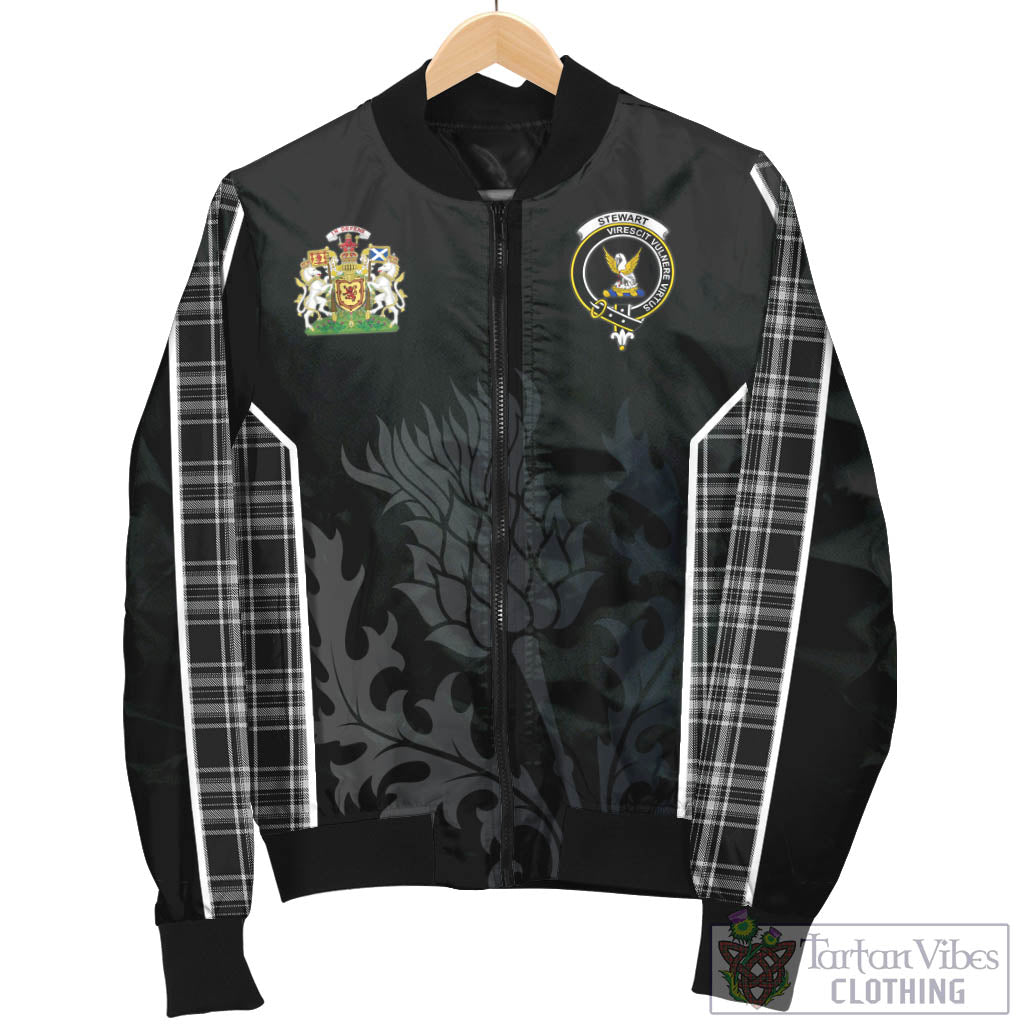 Tartan Vibes Clothing Stewart Black and White Tartan Bomber Jacket with Family Crest and Scottish Thistle Vibes Sport Style