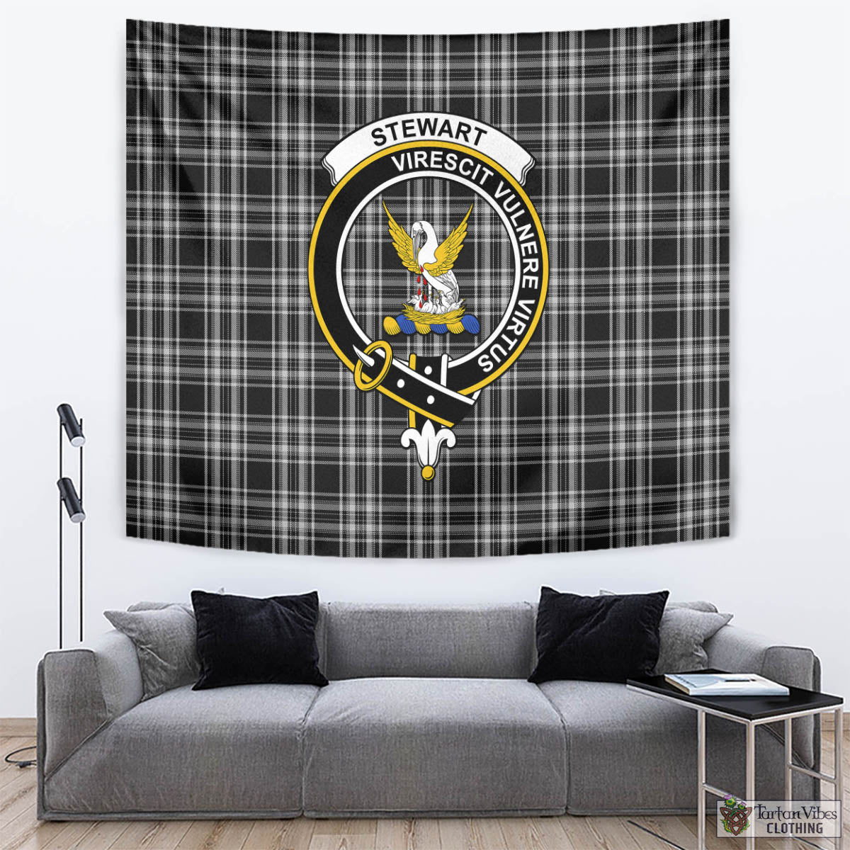 Tartan Vibes Clothing Stewart Black and White Tartan Tapestry Wall Hanging and Home Decor for Room with Family Crest