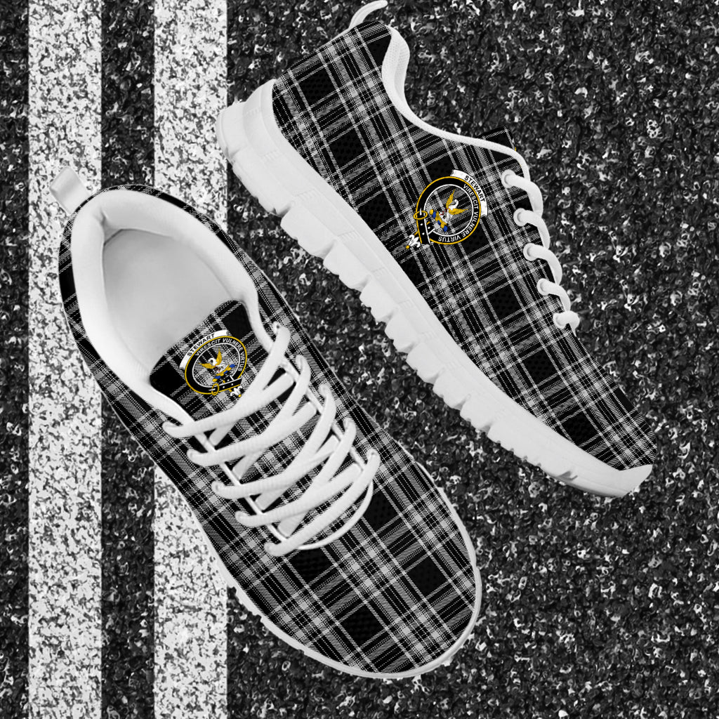 Stewart Black and White Tartan Sneakers with Family Crest - Tartan Vibes Clothing