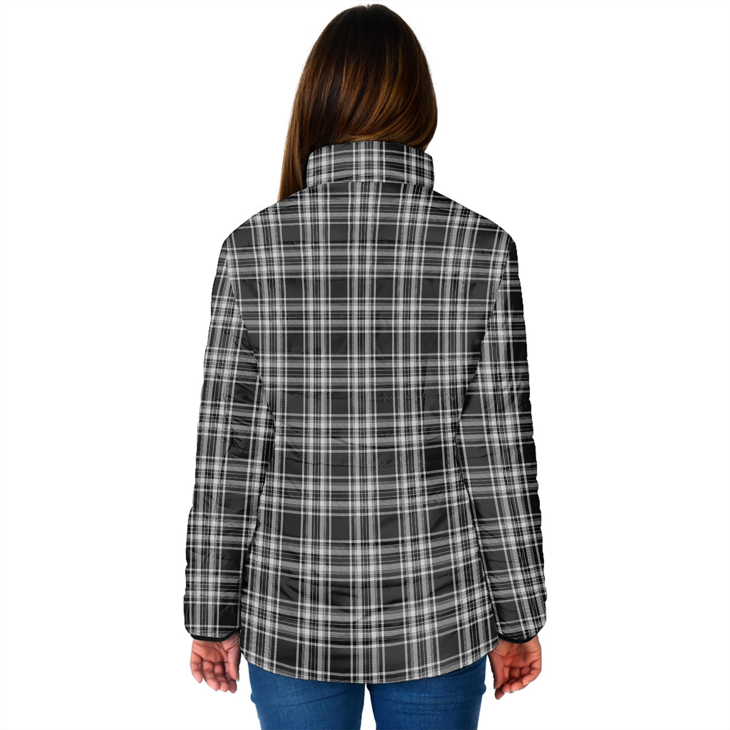 Stewart Black and White Tartan Padded Jacket with Family Crest - Tartan Vibes Clothing