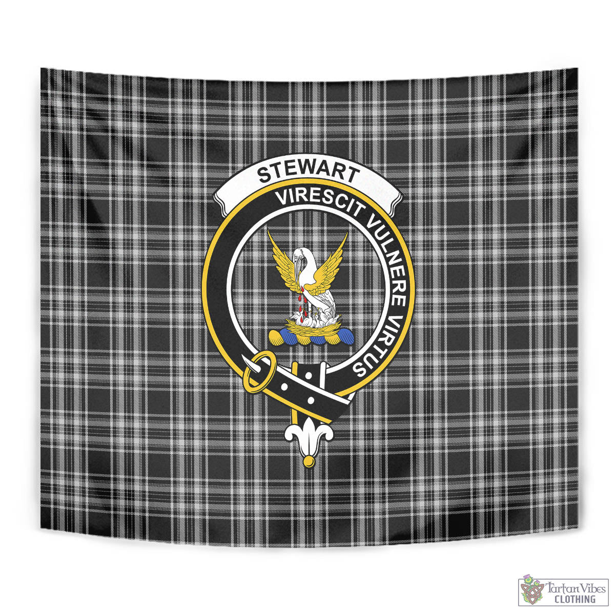 Tartan Vibes Clothing Stewart Black and White Tartan Tapestry Wall Hanging and Home Decor for Room with Family Crest