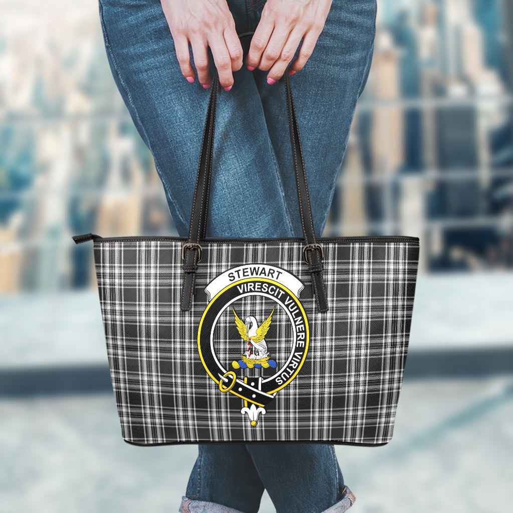 Stewart Black and White Tartan Leather Tote Bag with Family Crest - Tartan Vibes Clothing