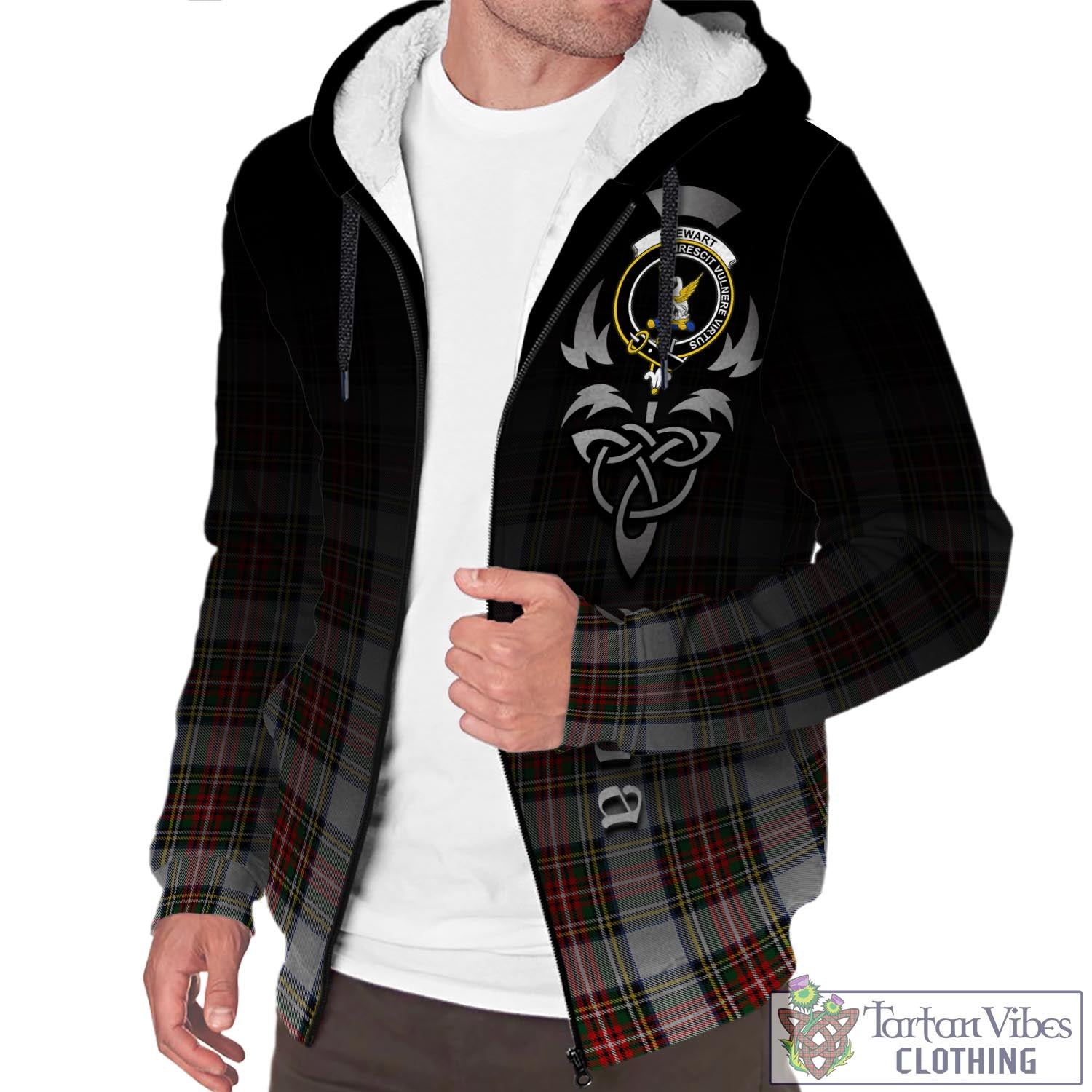 Tartan Vibes Clothing Stewart Dress Tartan Sherpa Hoodie Featuring Alba Gu Brath Family Crest Celtic Inspired