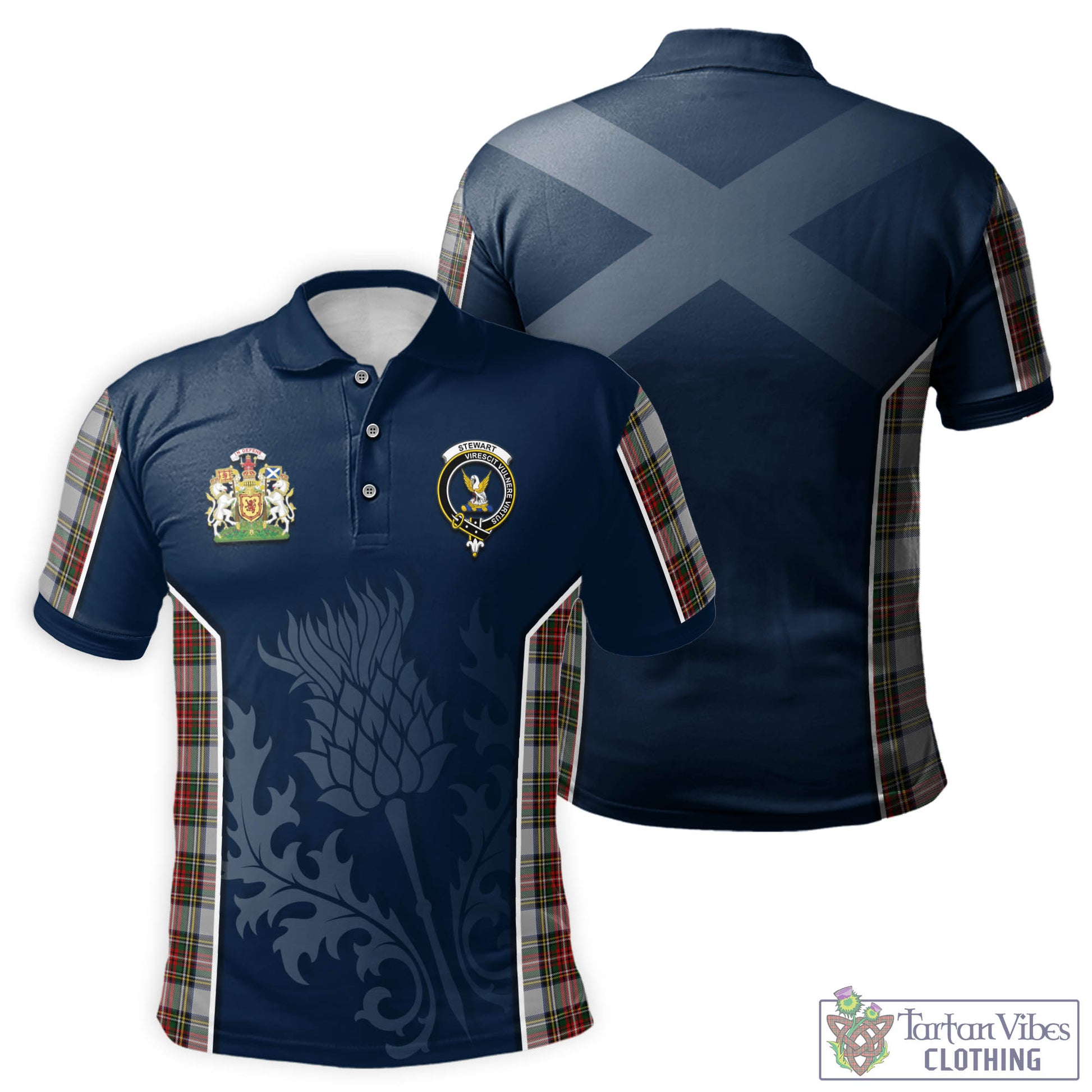 Tartan Vibes Clothing Stewart Dress Tartan Men's Polo Shirt with Family Crest and Scottish Thistle Vibes Sport Style