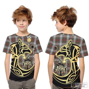 Stewart Dress Tartan Kid T-Shirt with Family Crest Celtic Wolf Style