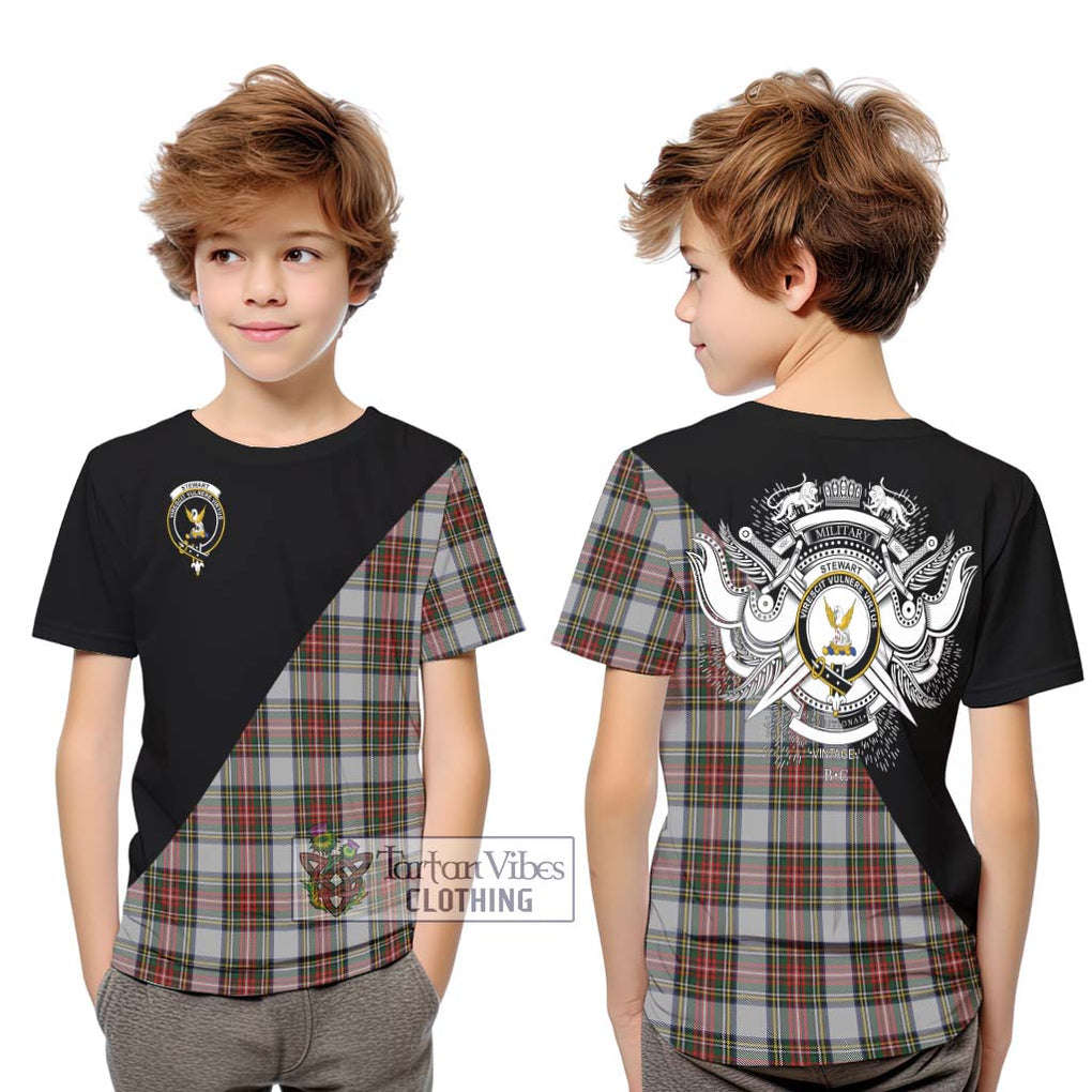 Stewart Dress Tartan Kid T-Shirt with Family Crest and Military Logo Style Youth XL Size14 - Tartanvibesclothing Shop