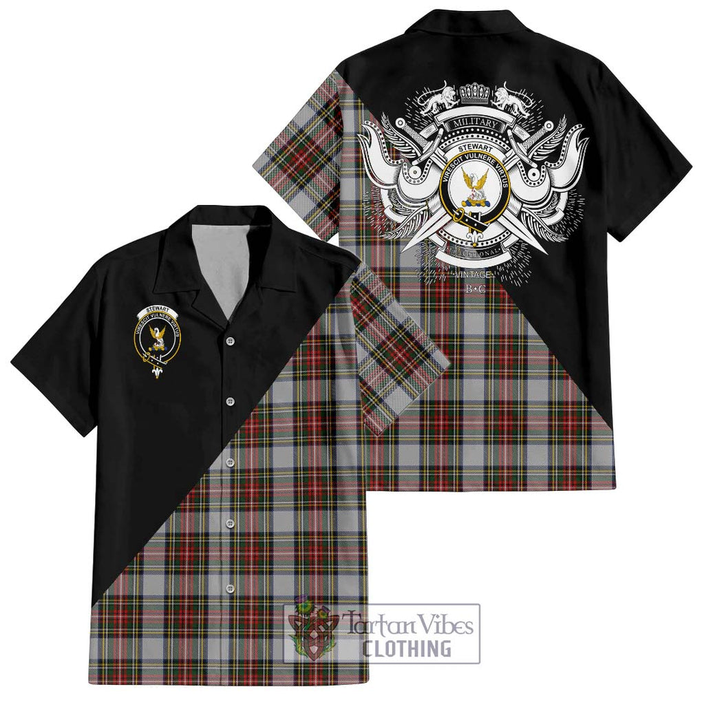 Stewart Dress Tartan Short Sleeve Button Shirt with Family Crest and Military Logo Style Kid - Tartanvibesclothing Shop