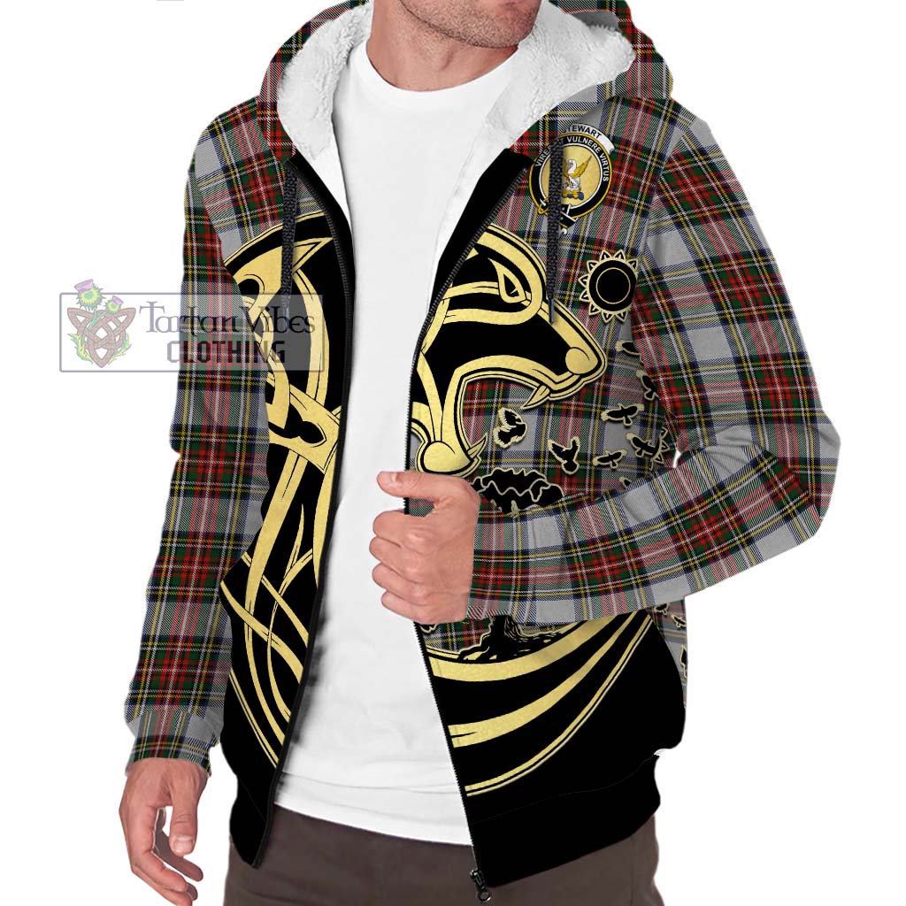 Stewart Dress Tartan Sherpa Hoodie with Family Crest Celtic Wolf Style Unisex S - Tartan Vibes Clothing