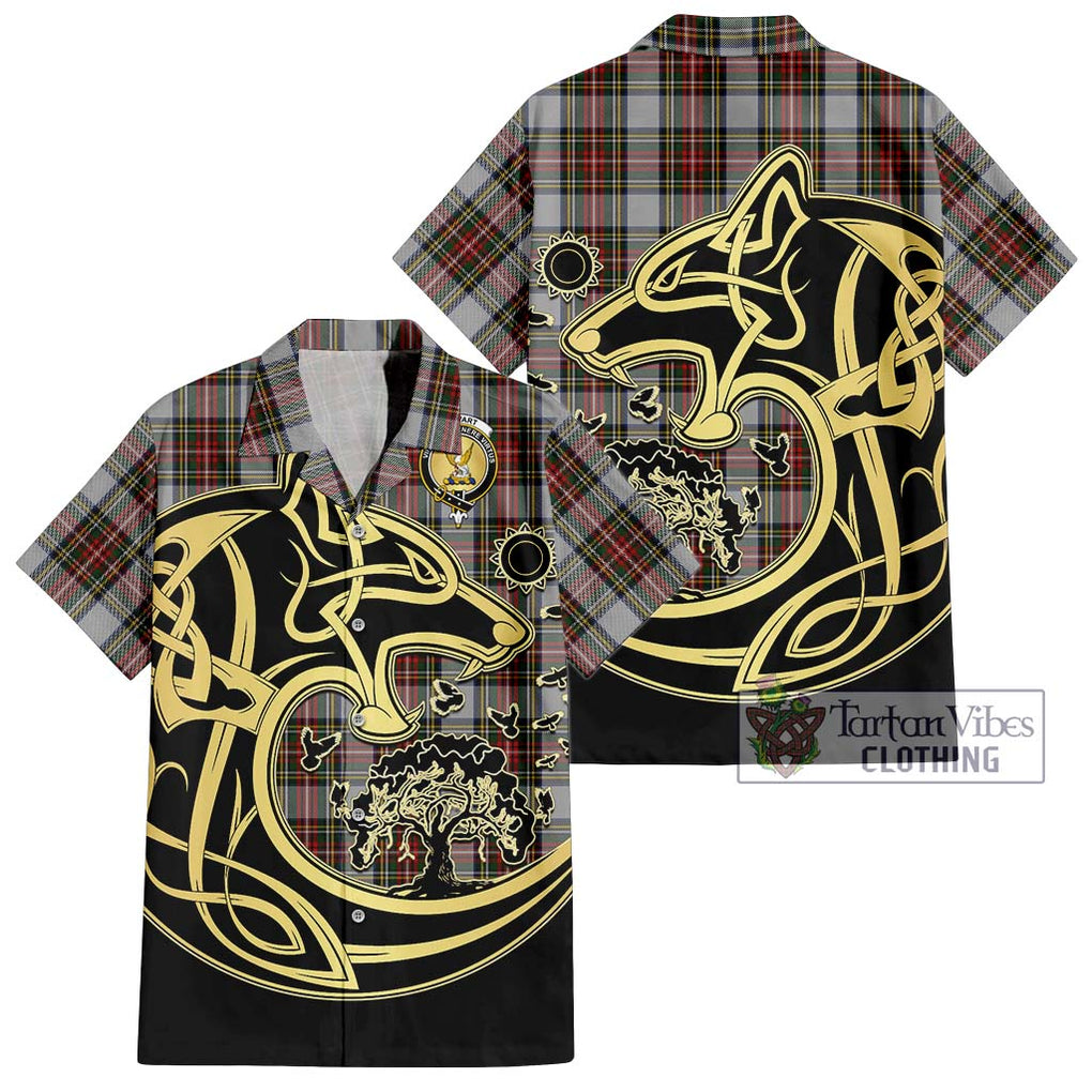 Stewart Dress Tartan Short Sleeve Button Shirt with Family Crest Celtic Wolf Style Kid - Tartan Vibes Clothing