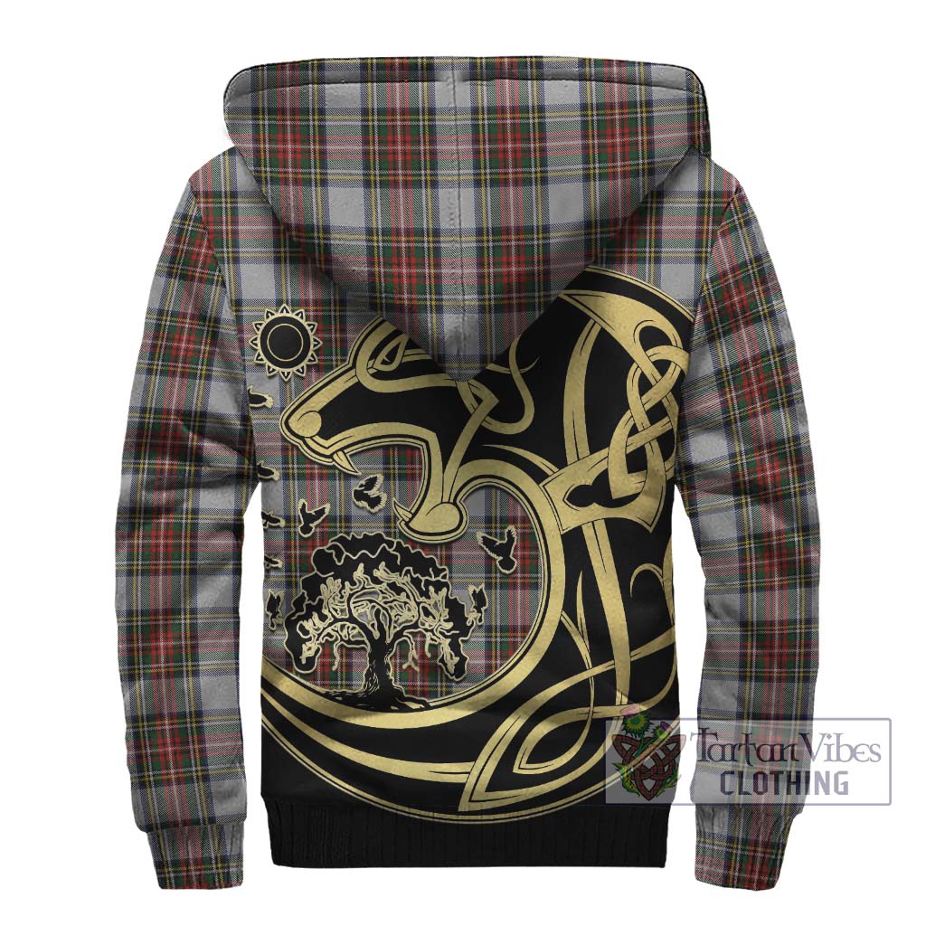 Stewart Dress Tartan Sherpa Hoodie with Family Crest Celtic Wolf Style - Tartan Vibes Clothing