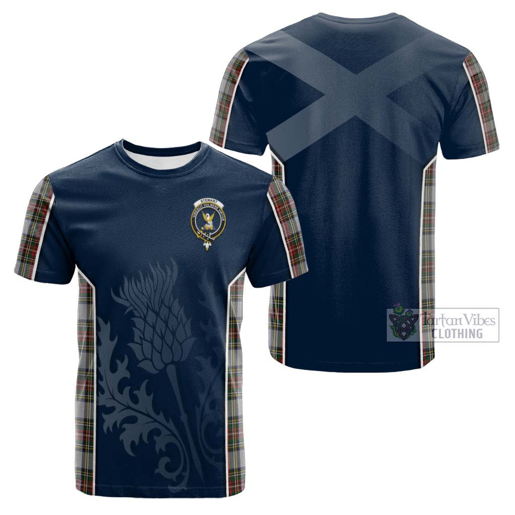 Tartan Vibes Clothing Stewart Dress Tartan Cotton T-shirt with Family Crest and Scottish Thistle Vibes Sport Style