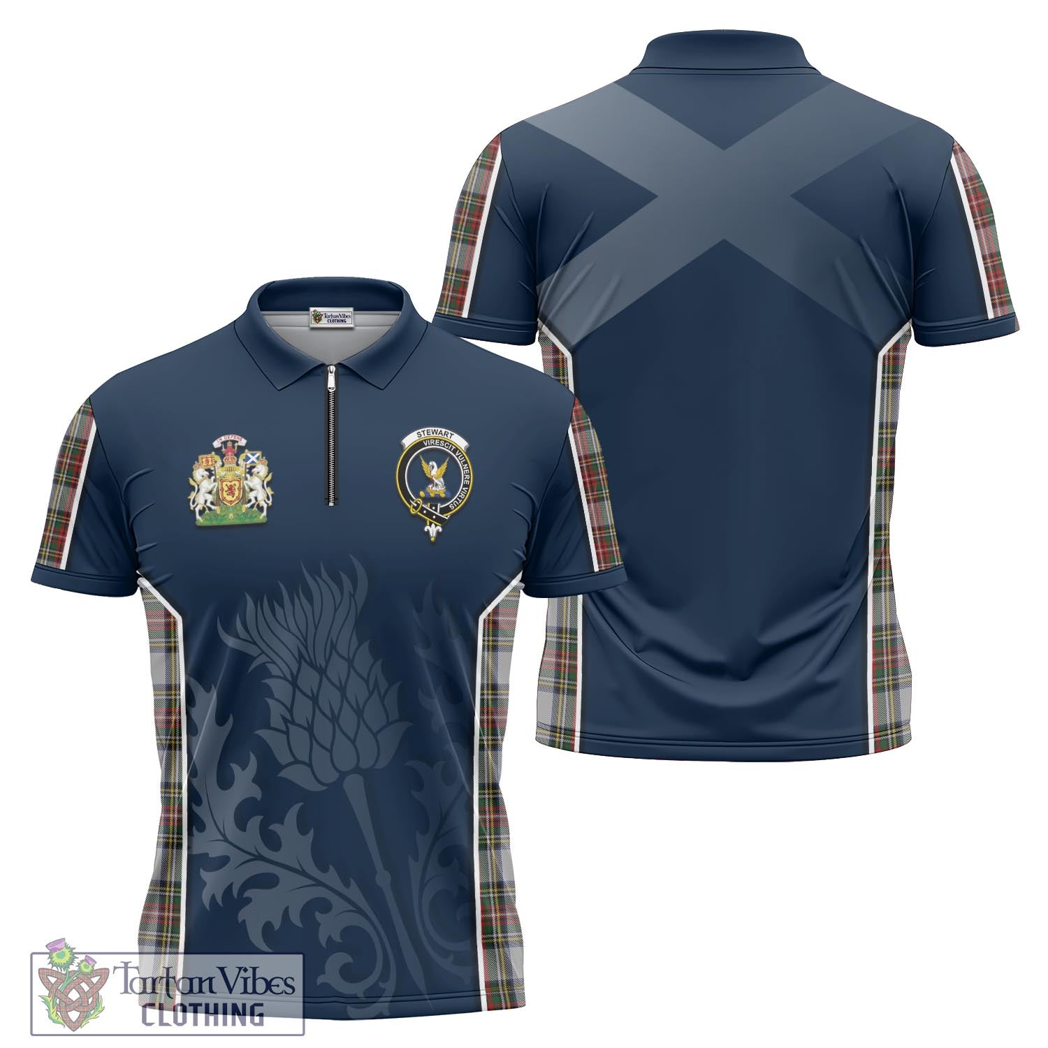 Tartan Vibes Clothing Stewart Dress Tartan Zipper Polo Shirt with Family Crest and Scottish Thistle Vibes Sport Style