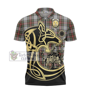 Stewart Dress Tartan Zipper Polo Shirt with Family Crest Celtic Wolf Style