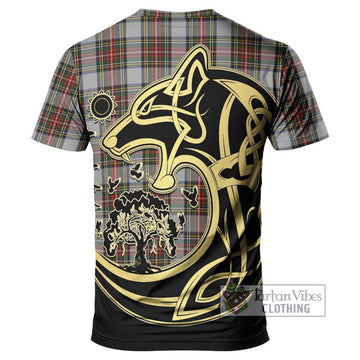 Stewart Dress Tartan T-Shirt with Family Crest Celtic Wolf Style