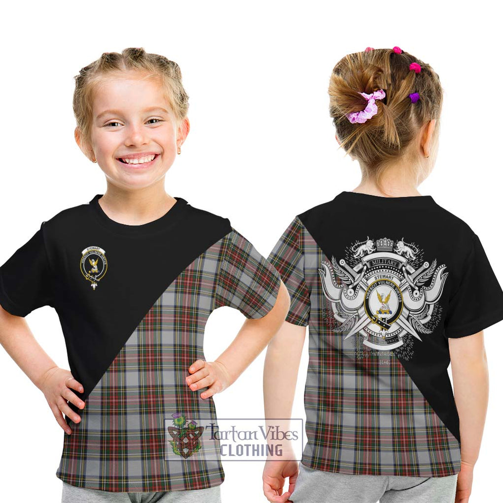 Stewart Dress Tartan Kid T-Shirt with Family Crest and Military Logo Style - Tartanvibesclothing Shop