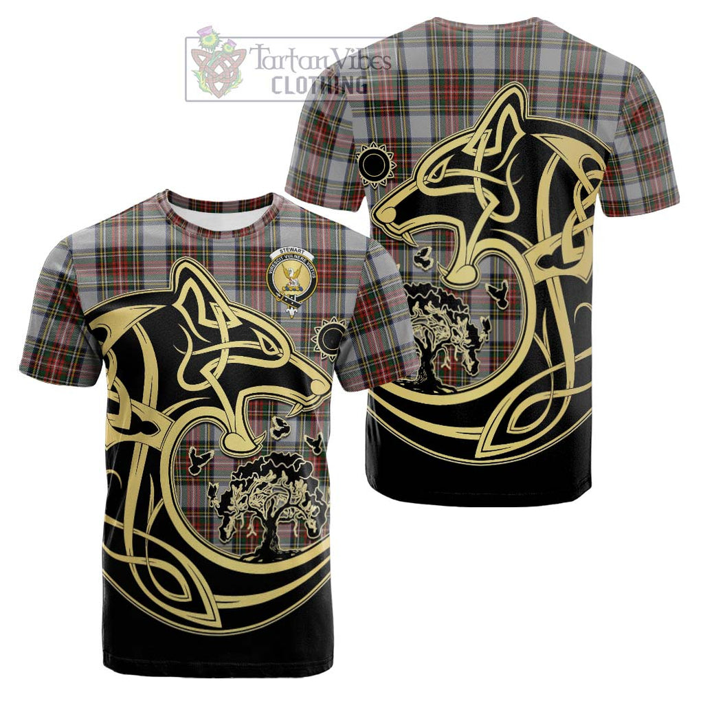 Tartan Vibes Clothing Stewart Dress Tartan Cotton T-shirt with Family Crest Celtic Wolf Style