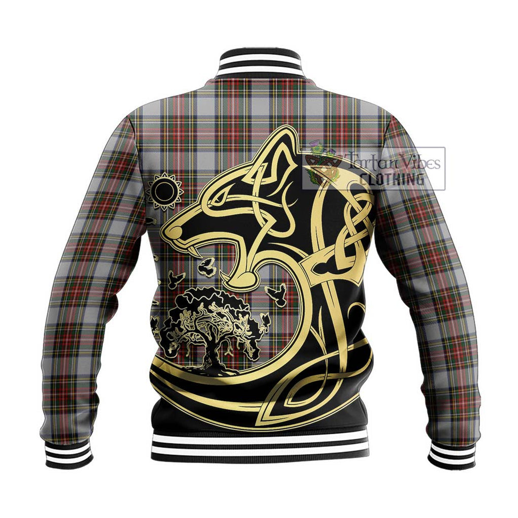 Stewart Dress Tartan Baseball Jacket with Family Crest Celtic Wolf Style - Tartan Vibes Clothing