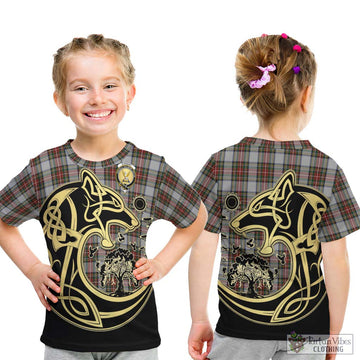 Stewart Dress Tartan Kid T-Shirt with Family Crest Celtic Wolf Style