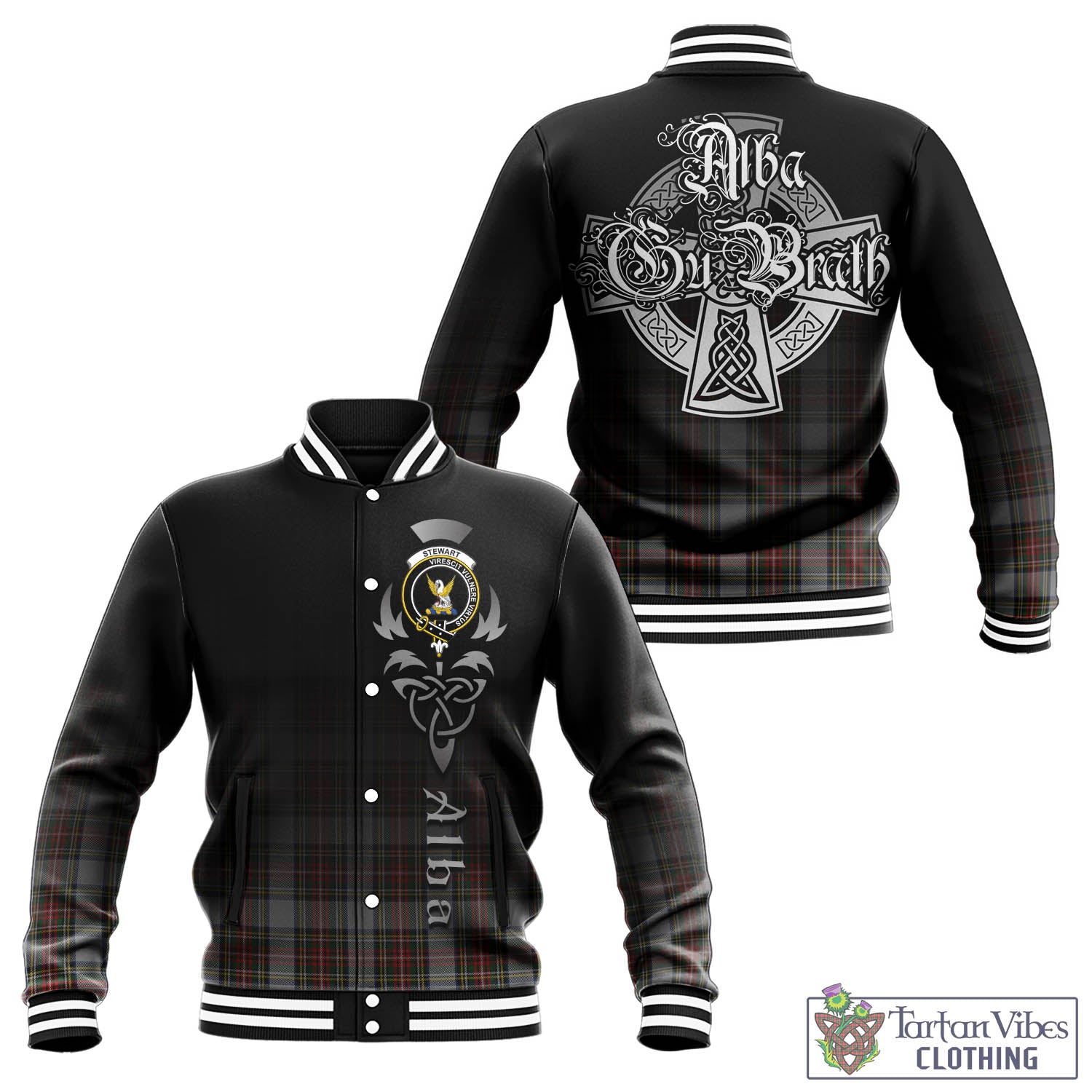 Tartan Vibes Clothing Stewart Dress Tartan Baseball Jacket Featuring Alba Gu Brath Family Crest Celtic Inspired