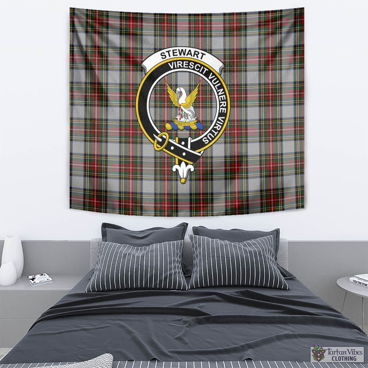 Tartan Vibes Clothing Stewart Dress Tartan Tapestry Wall Hanging and Home Decor for Room with Family Crest