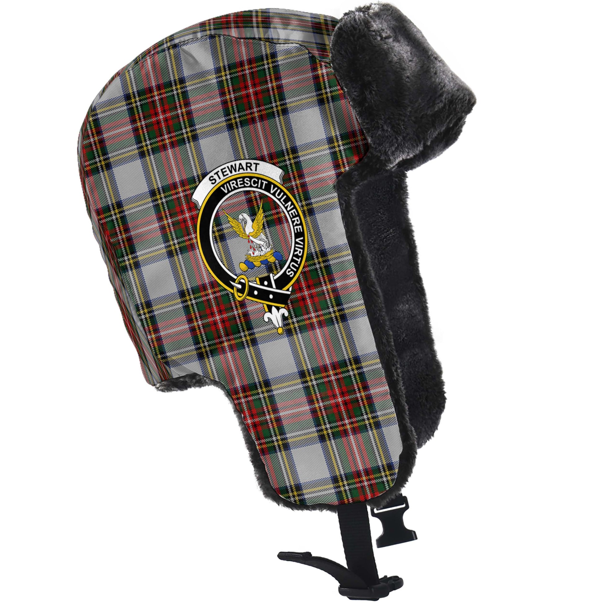 Stewart Dress Tartan Winter Trapper Hat with Family Crest - Tartanvibesclothing