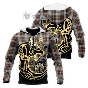 Stewart Dress Tartan Knitted Hoodie with Family Crest Celtic Wolf Style