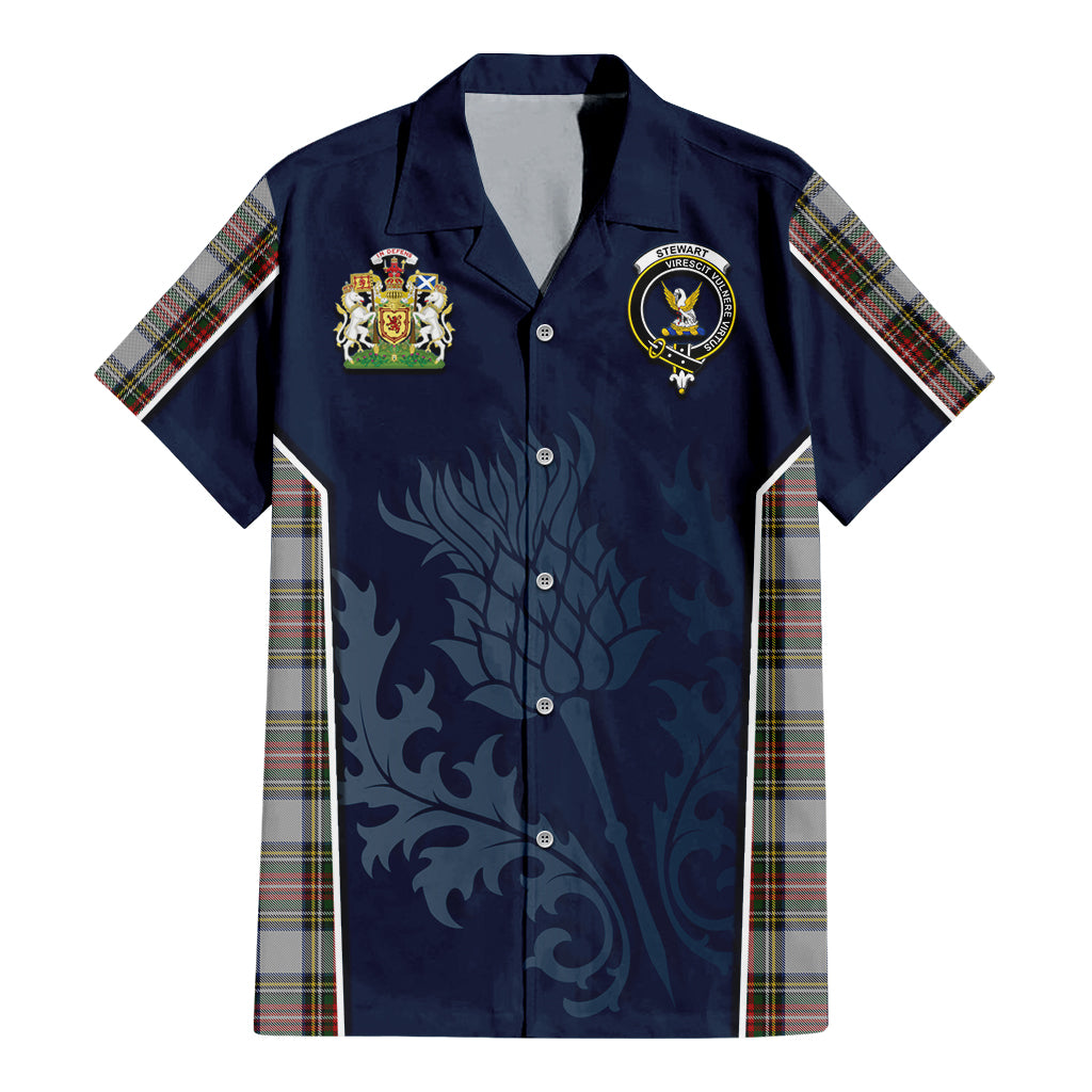 Tartan Vibes Clothing Stewart Dress Tartan Short Sleeve Button Up Shirt with Family Crest and Scottish Thistle Vibes Sport Style