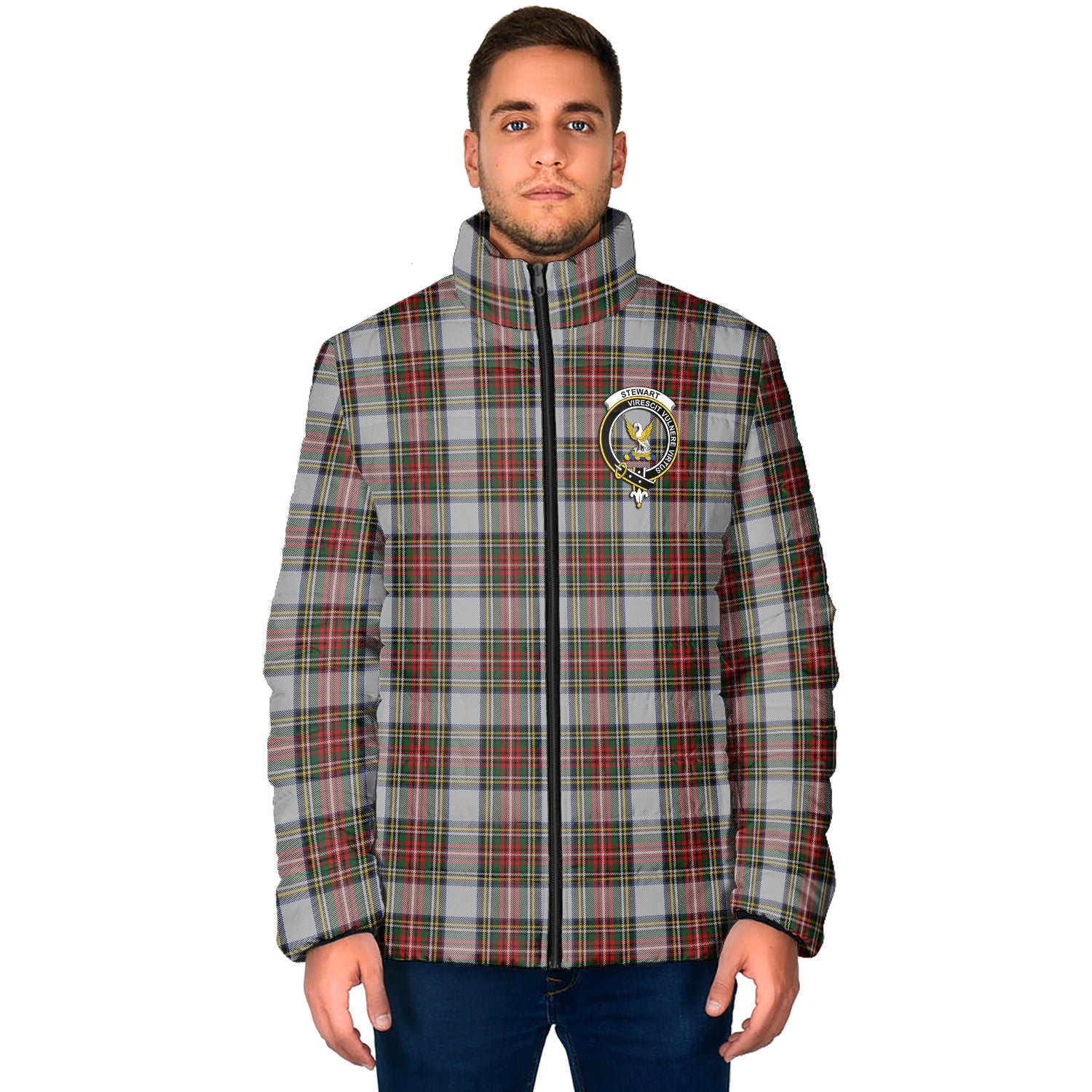 Stewart Dress Tartan Padded Jacket with Family Crest - Tartan Vibes Clothing