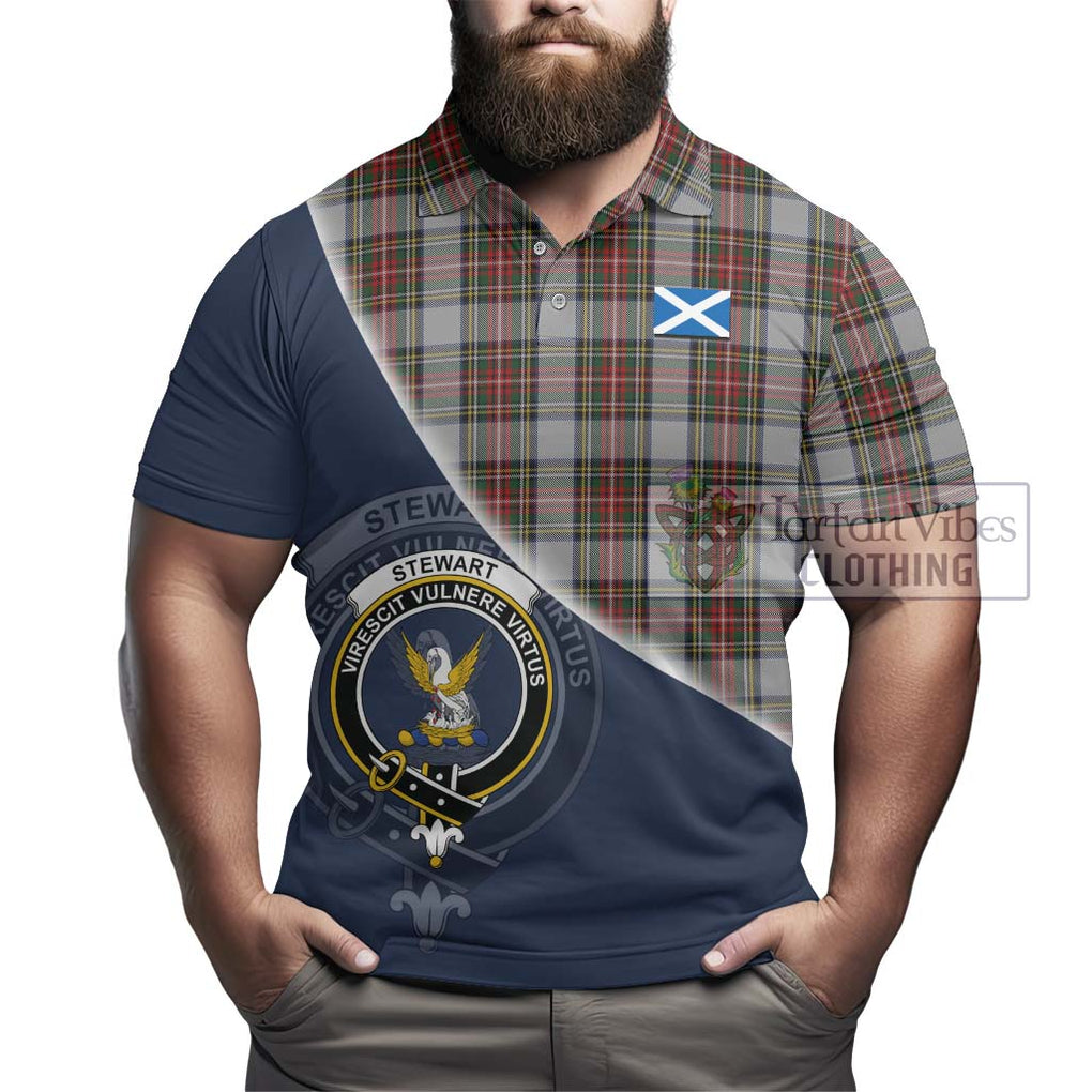 Stewart Dress Tartan Polo Shirt with Personalised National Flag and Family Crest Half Style - Tartanvibesclothing Shop