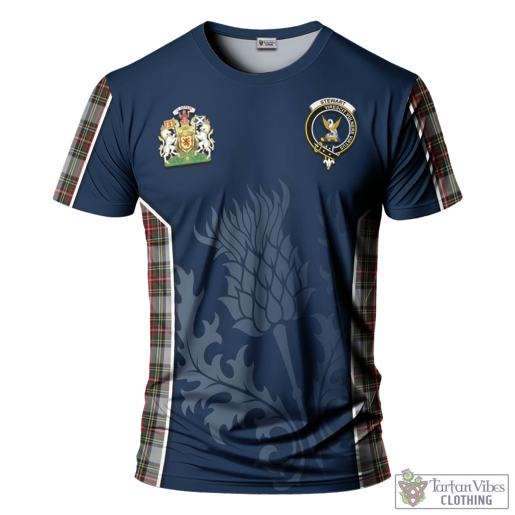 Tartan Vibes Clothing Stewart Dress Tartan T-Shirt with Family Crest and Scottish Thistle Vibes Sport Style