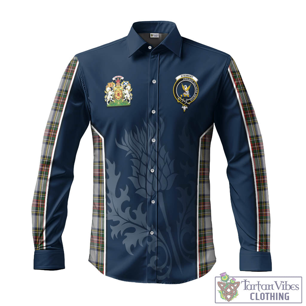 Tartan Vibes Clothing Stewart Dress Tartan Long Sleeve Button Up Shirt with Family Crest and Scottish Thistle Vibes Sport Style