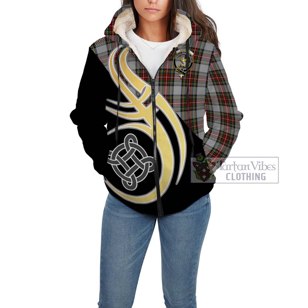 Stewart Dress Tartan Sherpa Hoodie with Family Crest and Celtic Symbol Style Unisex - Tartan Vibes Clothing