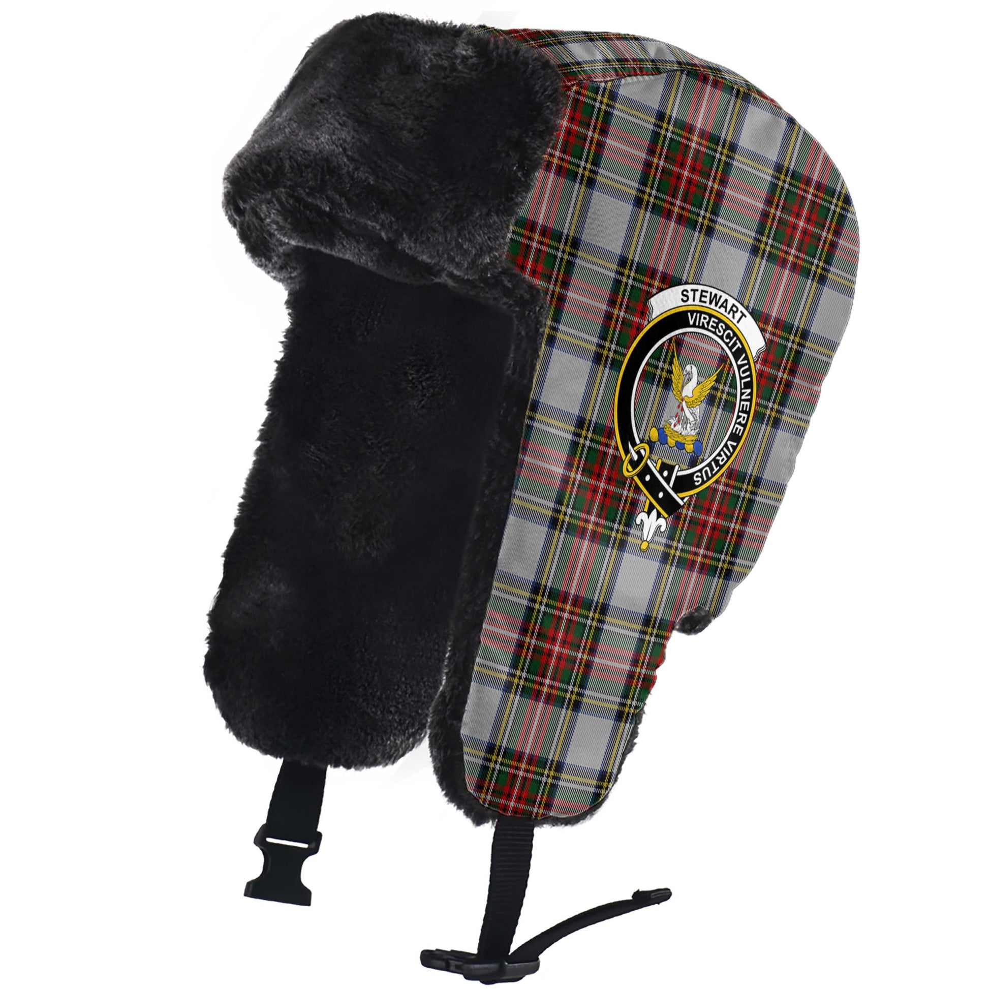 Stewart Dress Tartan Winter Trapper Hat with Family Crest - Tartanvibesclothing