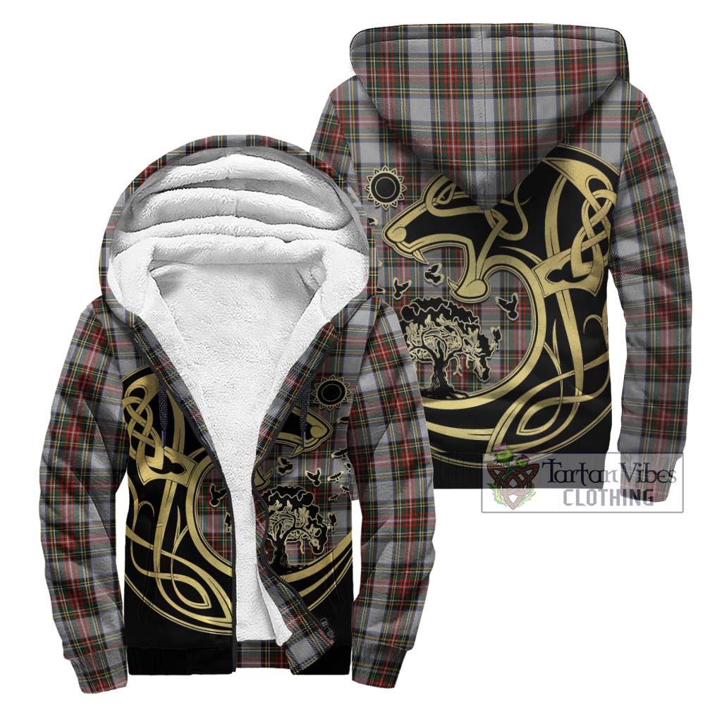 Stewart Dress Tartan Sherpa Hoodie with Family Crest Celtic Wolf Style Unisex - Tartan Vibes Clothing