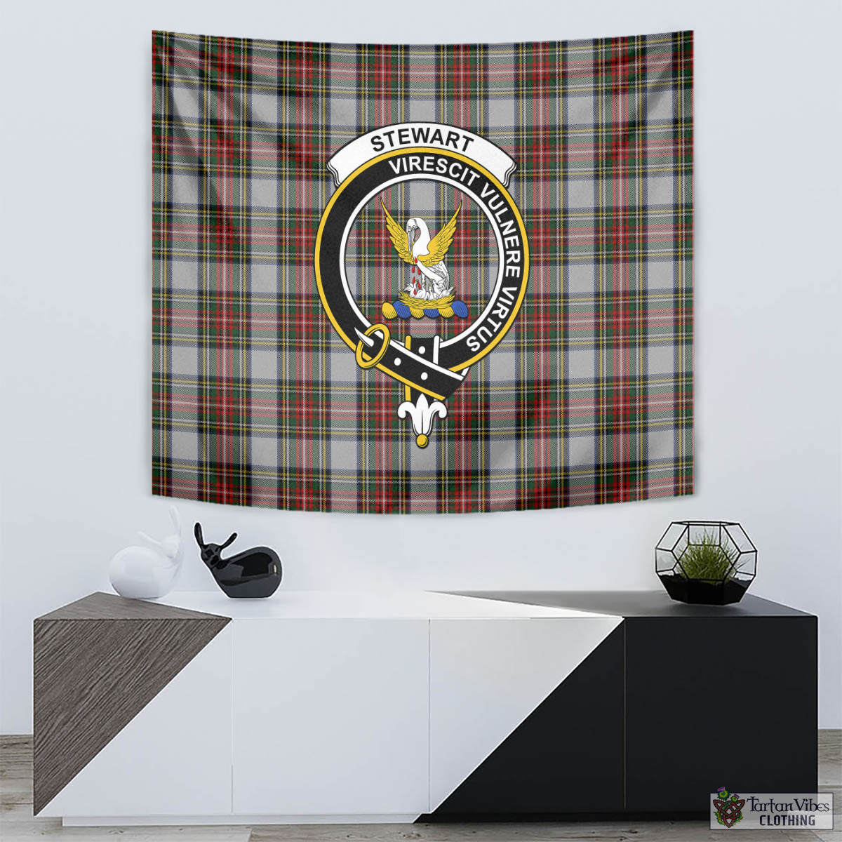 Tartan Vibes Clothing Stewart Dress Tartan Tapestry Wall Hanging and Home Decor for Room with Family Crest