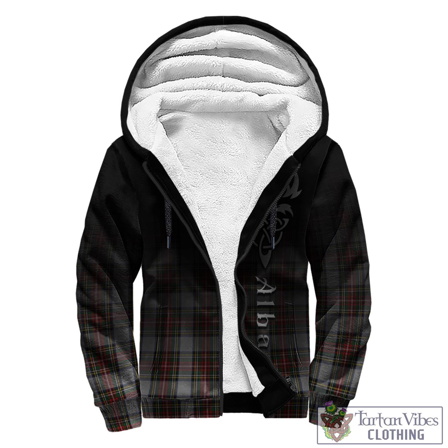 Tartan Vibes Clothing Stewart Dress Tartan Sherpa Hoodie Featuring Alba Gu Brath Family Crest Celtic Inspired