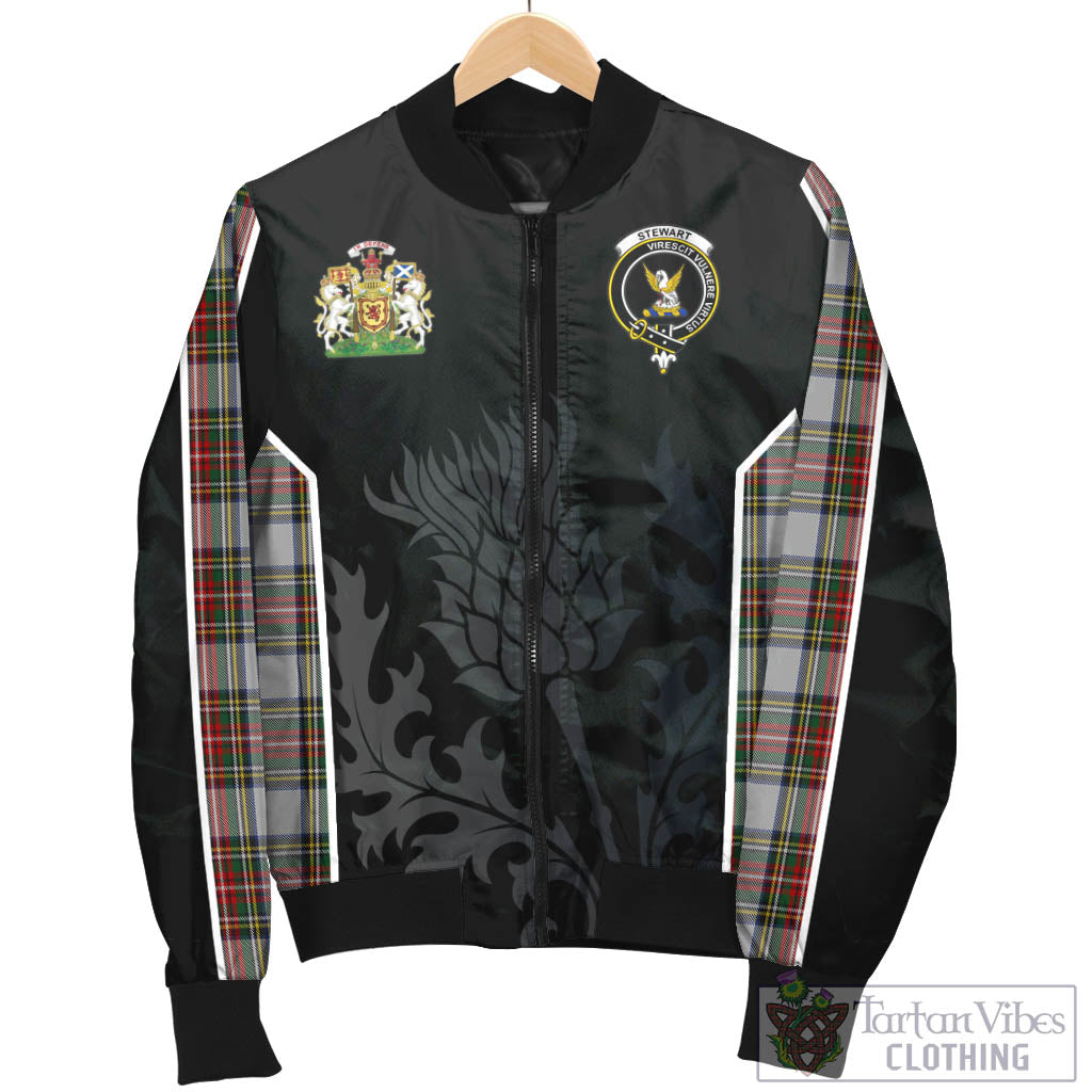 Tartan Vibes Clothing Stewart Dress Tartan Bomber Jacket with Family Crest and Scottish Thistle Vibes Sport Style